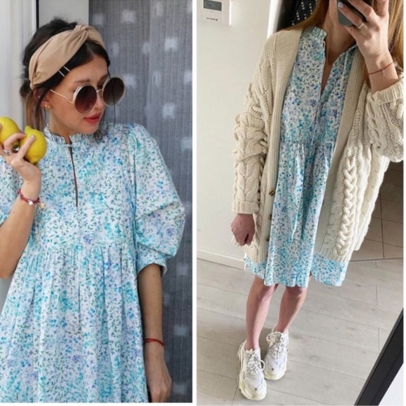 Zara blue printed poplin dress NWT - Picture 3 of 10